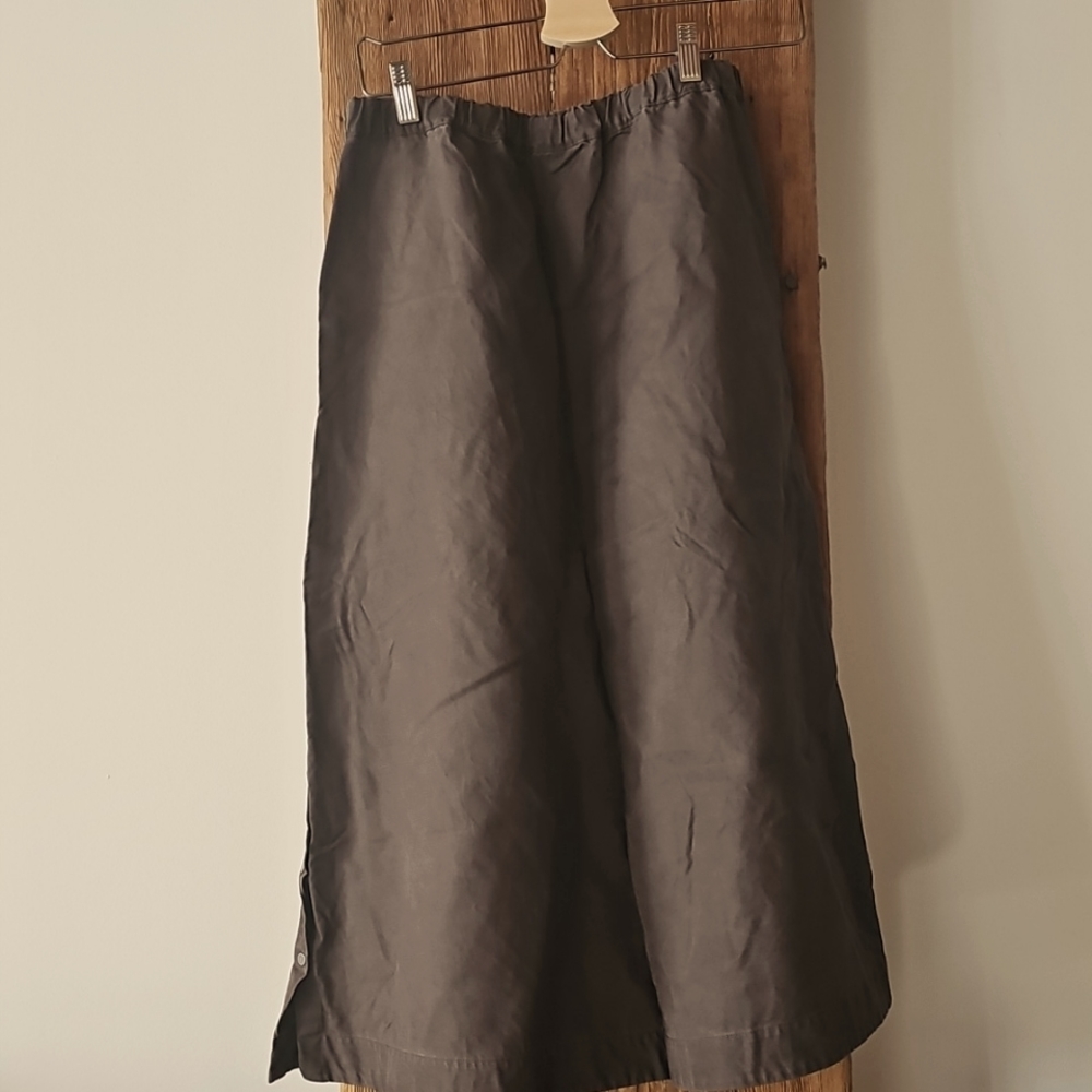 EUC Eileen Fisher Linen Khaki Brown Skirt Sz P S snaps Side Slit Elastic Waist